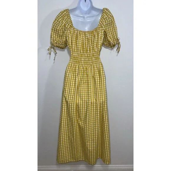 Faithfull Brand Flora Puff Sleeve Midi Yellow Mari Check Gingham Dress Women 6 - Picture 6 of 10